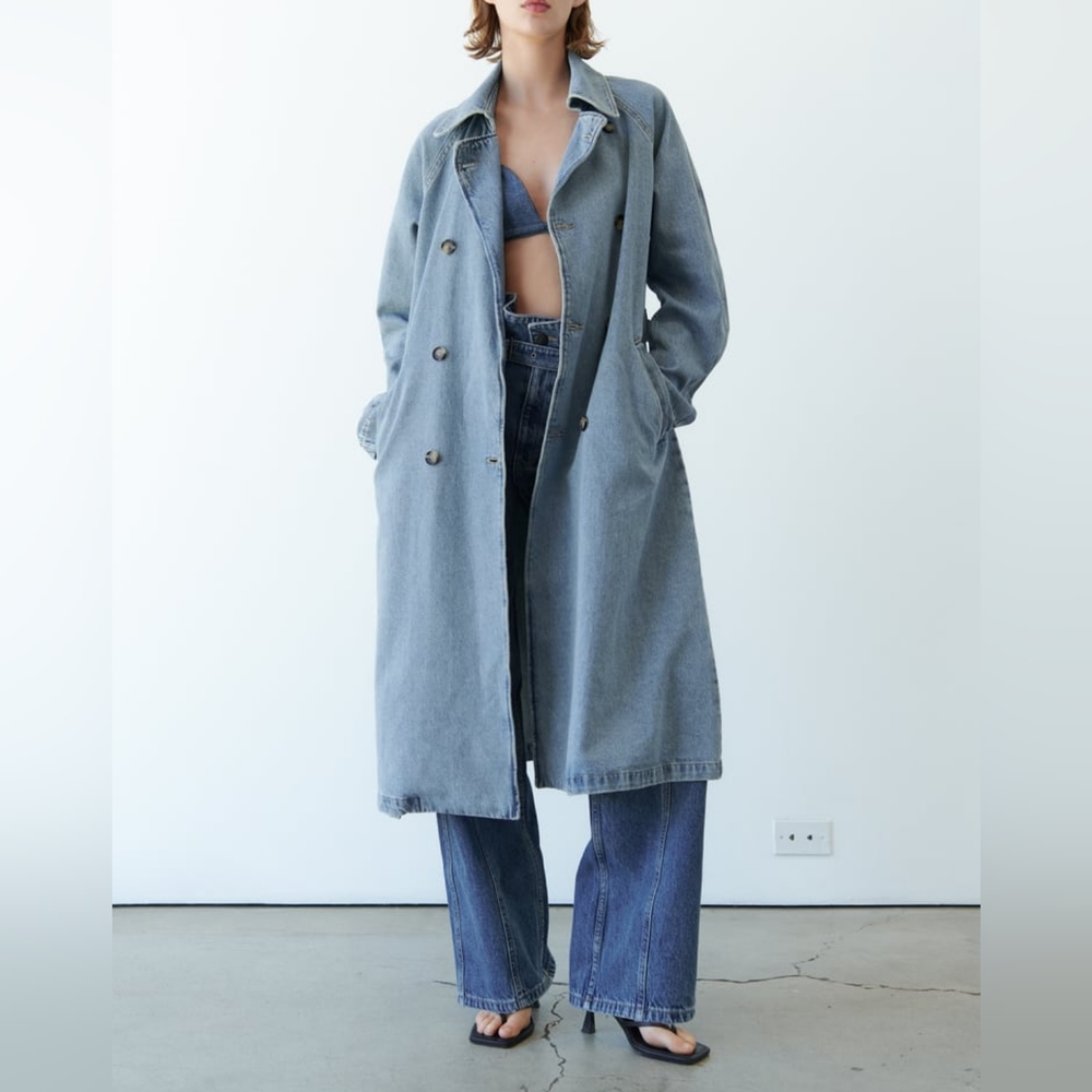 ZARA ZW BELTED DENIM TRENCH COAT